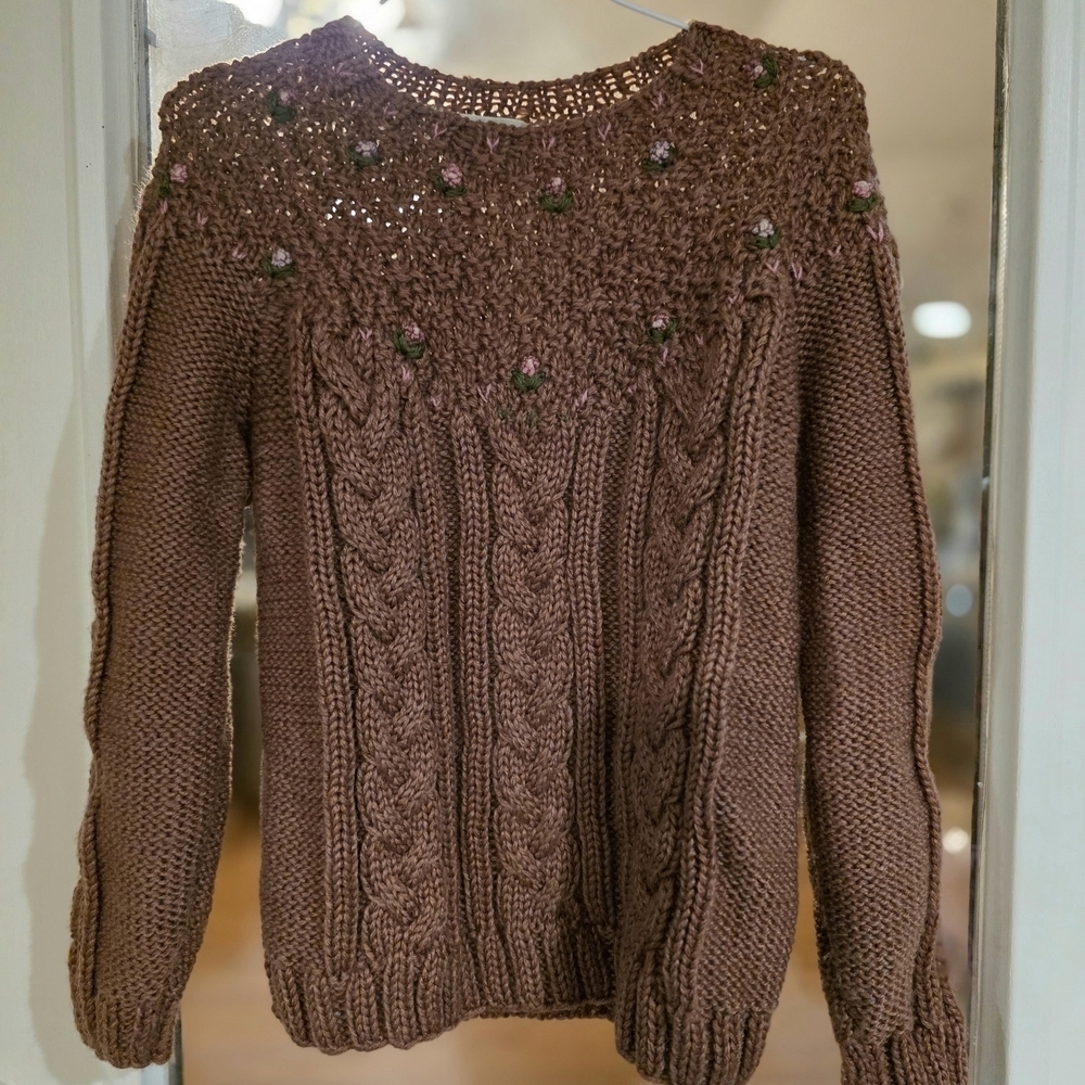 Vintage Brown Cable Knit Sweater Floral Accents Y2k Vtg MEDIUM womens